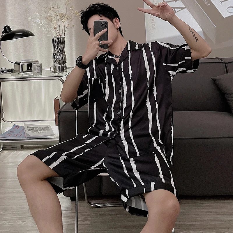 Men Satin Pajamas Set Short Sleeve Casual Home Wear Soft Spring Summer Leisure Silk Boy Pajama Sets Soft Leisure Sleepwear Suit