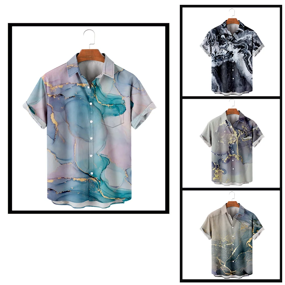 

Casual Button Down Shirts For Men Marbling Printing Shirt Color Block Turndown Outdoor Street Short Sleeve Shirt