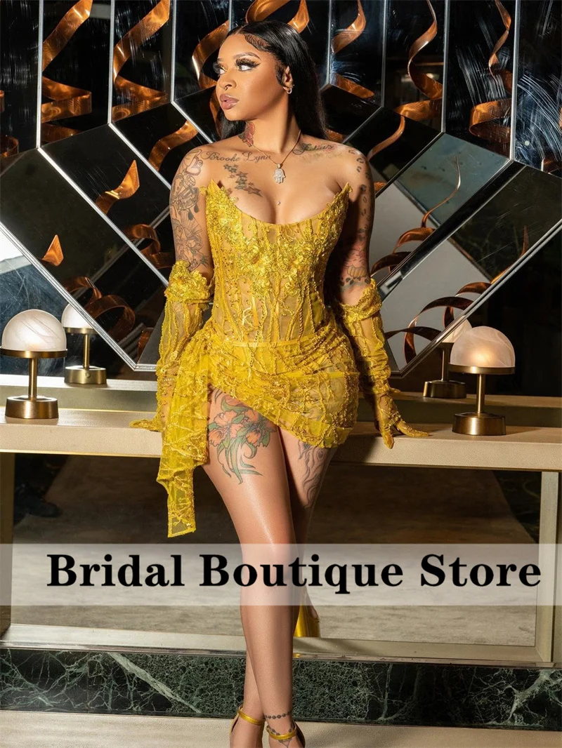 

Sexy Short Prom Dresses 2023 Two Sleeves Lace Glitter Appliques Sequins Crystal Cocktail Party Gowns Robe De Bal Corset Style