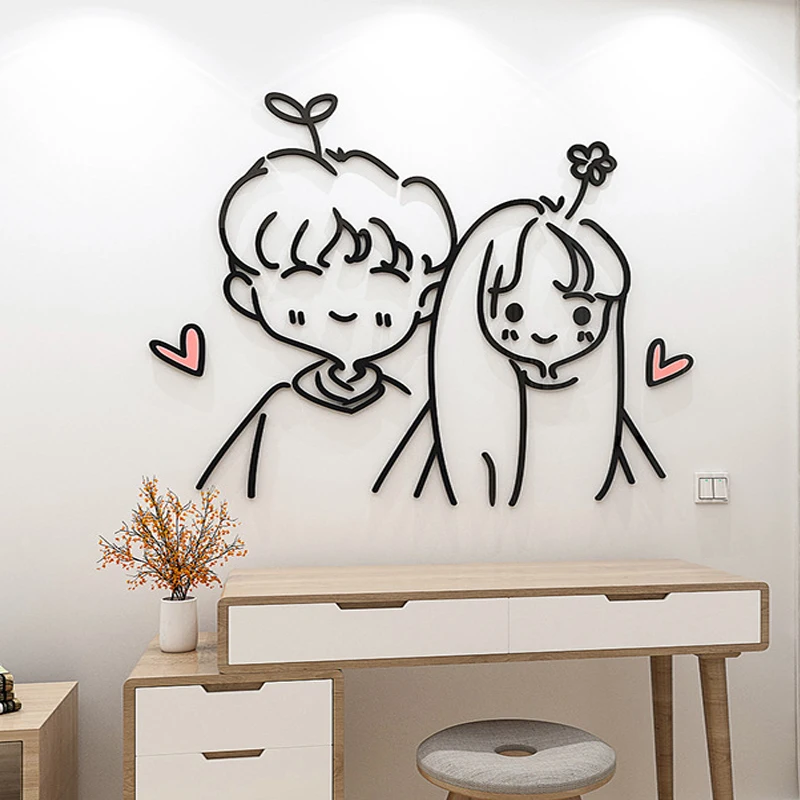 

Acrylic Three-Dimensional Black Couple Stick Figure Self-Adhesive Wall Sticker Simple Style Room Background Decoration