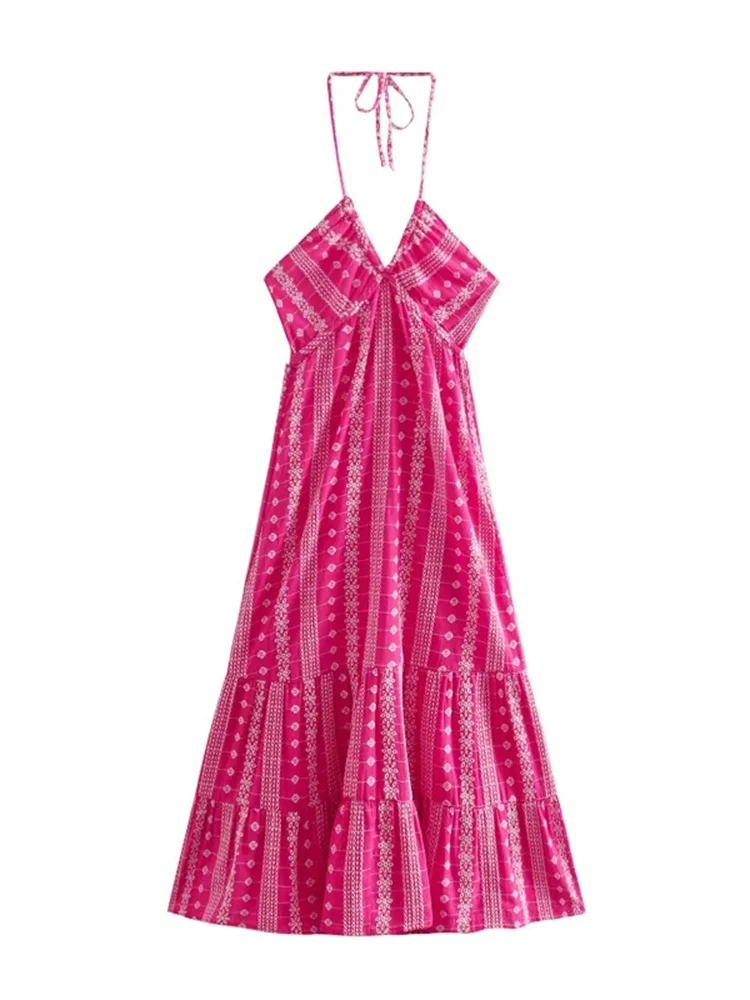 

Elegant Women Hollou Out Embroidery Halter Mixi Dress 2022 Summer High Waist Sleeveless Backless For Dancing Party A-Line Dress