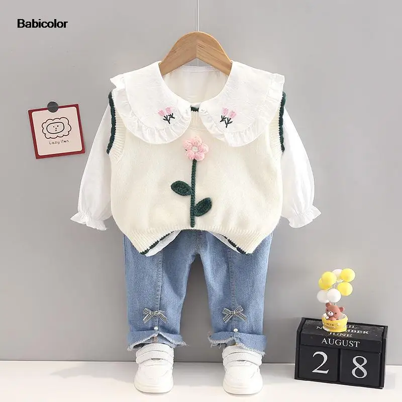 

2022 baby girls spring and autumn sets new Korean version long-sleeved baby girl three-piece autumn clothing suits 1-5 years old