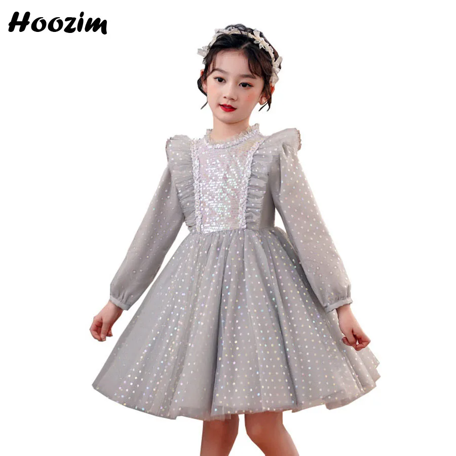 

Princess Lantern Long Sleeve Homecoming And Pageant Dress Girls 4 To 12 Years White Polka Dot Tulle Birthday Party Dresses Child