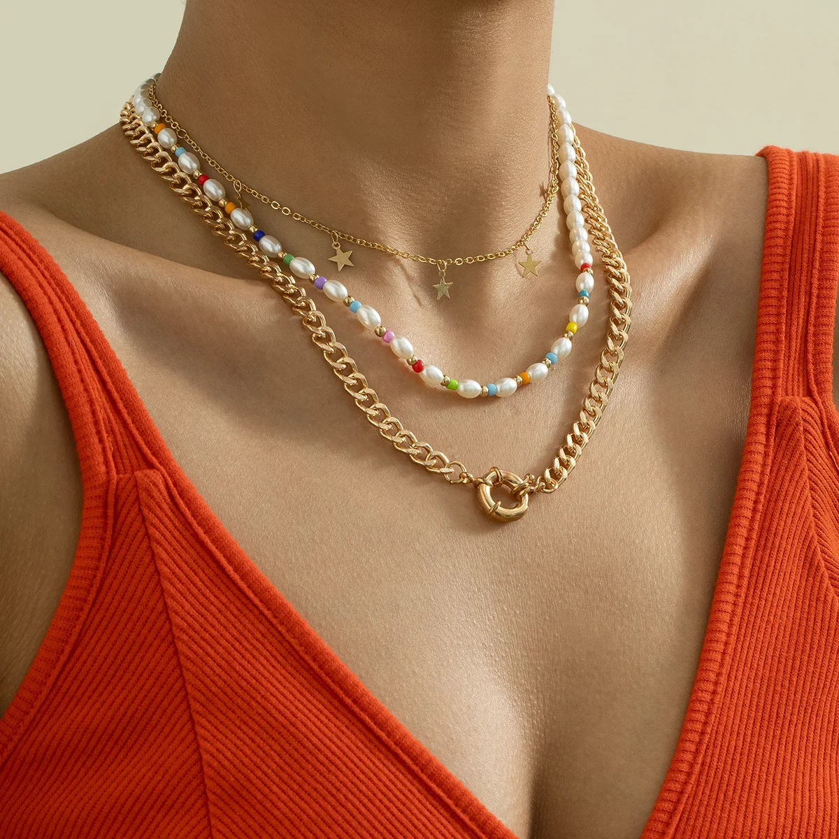 

Simple alloy contrast suit random beaded necklace personality geometry star neck chain rice beads jewelry