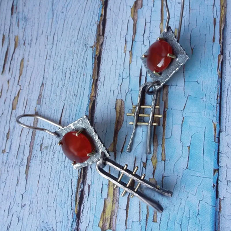 

Tribal Square Metal Red Stone Earrings Vintage Antique Silver Color Hand Hooked Women's Earrings Accessories Jewelry