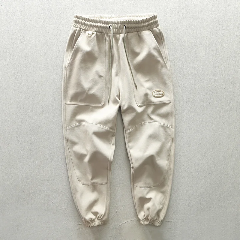 

Autumn Men's Knitting Pants Simple Sport Style Classic Comfortable Solid Color Drawstring Mid-Waist Patch Youth Sweatpants