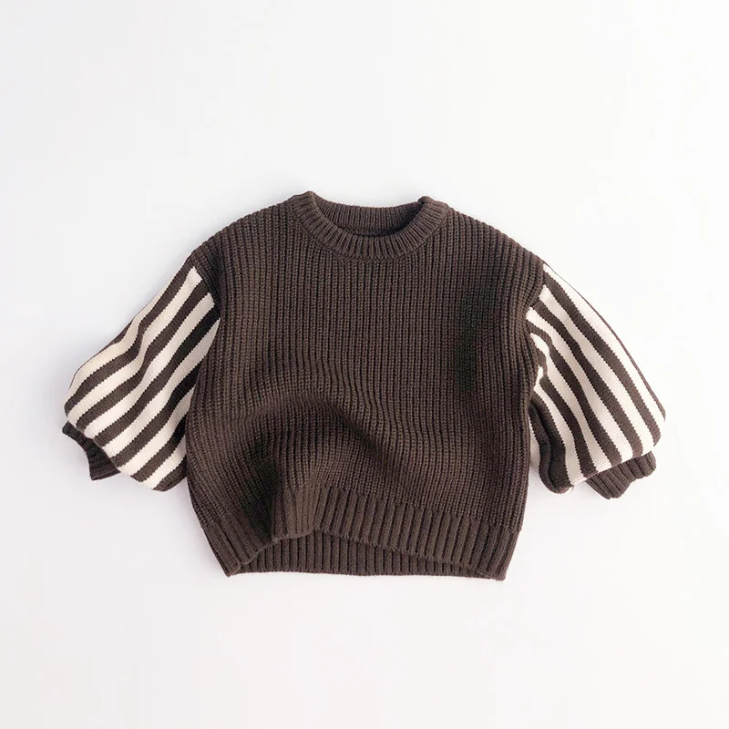

Spring Autumn Boys Sweater Striped Sleeve Pullover Sweaters Kids Round Neck Knitted Tops Retro Children Clothing 1-6 Years
