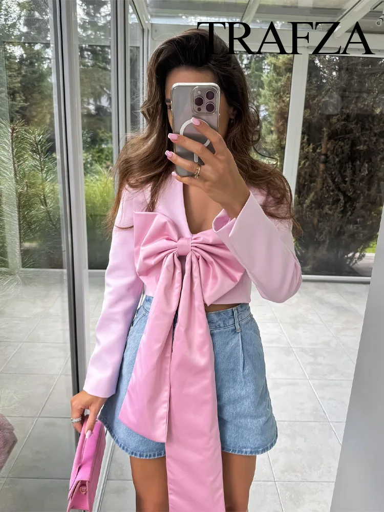 Женский блейзер с бантом и V-образным вырезом длинным рукавом