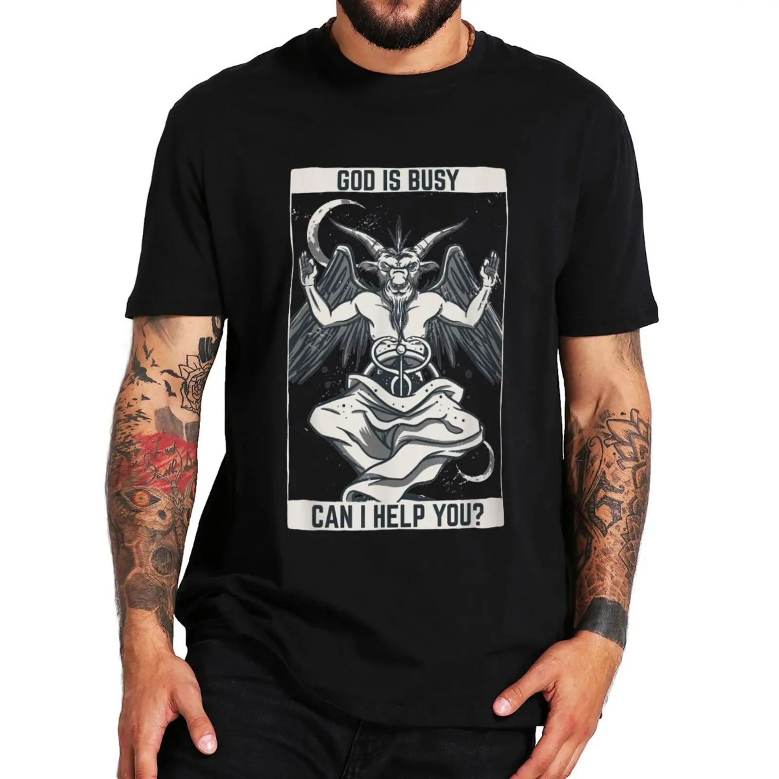 

God Is Busy T Shirt Can I Help You Baphomet Occult Pentagram Satanic T-Shirt EU Size 100% Cotton Tops Tee