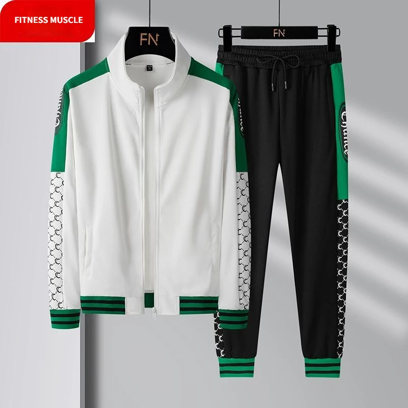 Men's Spring And Autumn Sportswear Leisure Suit Cardigan Coat Trousers Fashion Trend Striped Jogging Fitness Suit