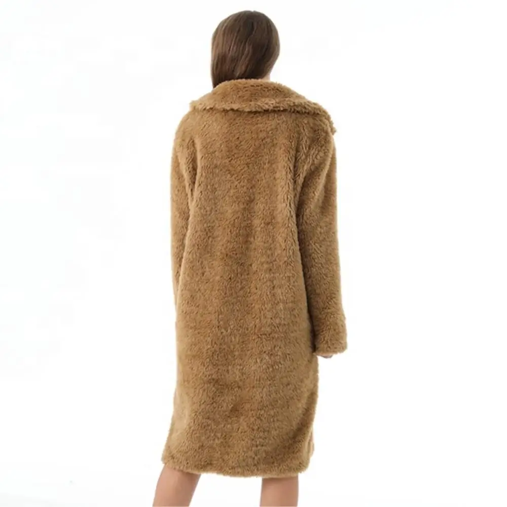 Women Winter Long Real Fur Coat Thicken Single Breasted Pure Color Fur Jacket Teddy Fleece Soft Lapel Trench Coat For Women