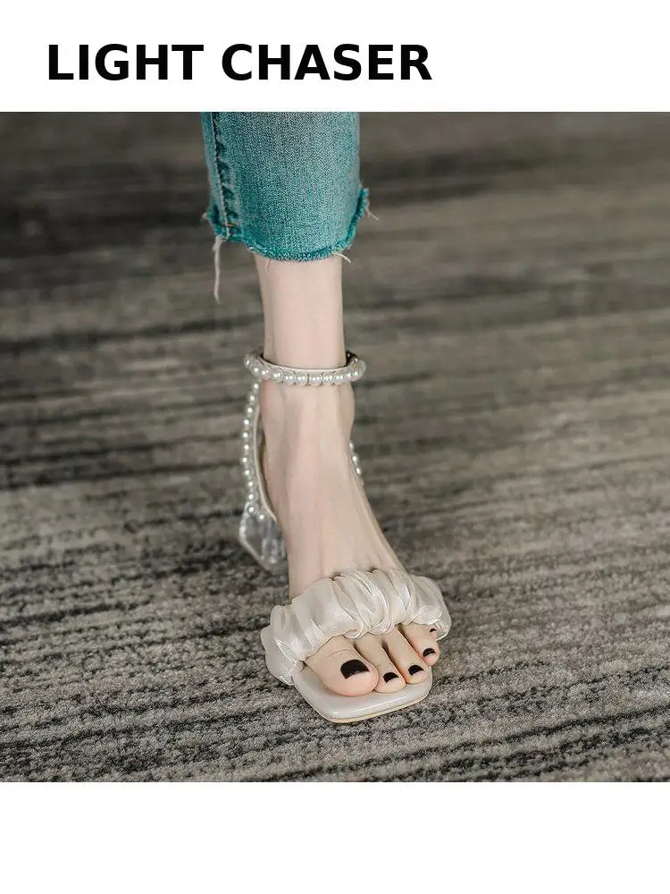 Sandals Women's Summer Thick Heel Transparent Heel All-match Women's High Heels Sexy Pleated Women's Sandals Dress Party Shoes