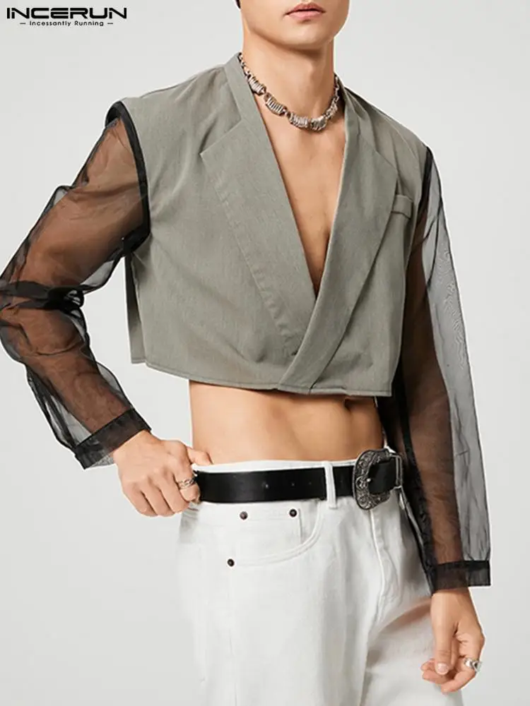 

Модный мужской блейзер INCERUN 2022, повседневные тонкие короткие пальто с отложным воротником и длинным рукавом в стиле пэчворк, Мужская сексуа...