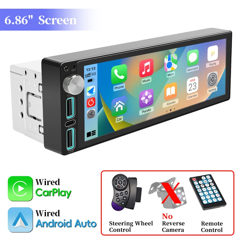 Автомобильный радиоприемник Hippcron 6,86 дюйма Bluetooth 1Din, автомобильная стереосистема, автомагнитола Carplay, Android, IPS-экран с USB-зарядкой, поддержка задней камеры