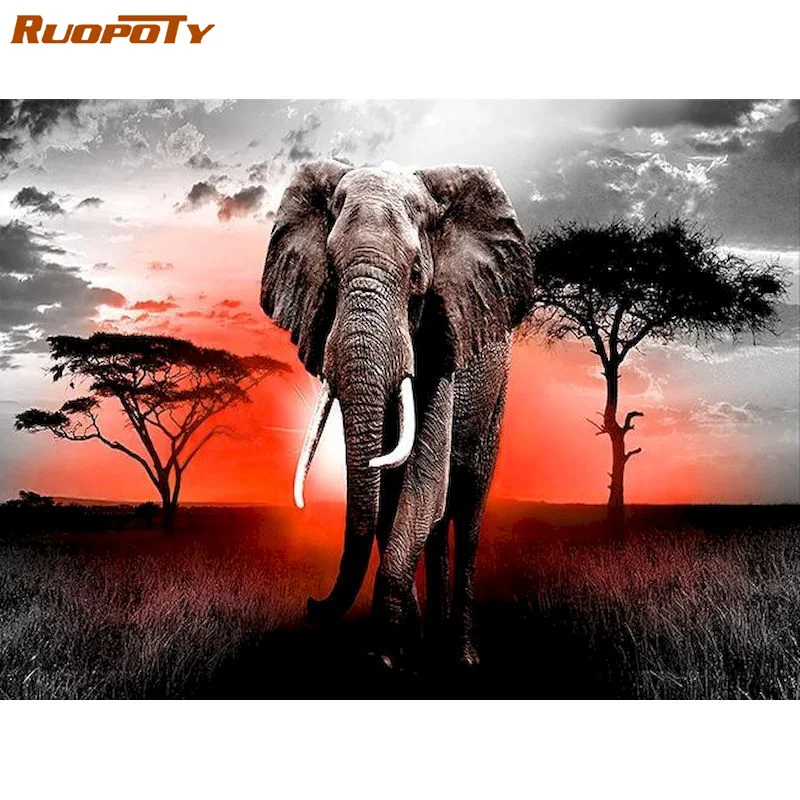 

RUOPOTY Frame 5D Diamond Painting Elephant Embroidery Landscape Winter Full Square Mosaic Picture Of Rhinestone Home Decor