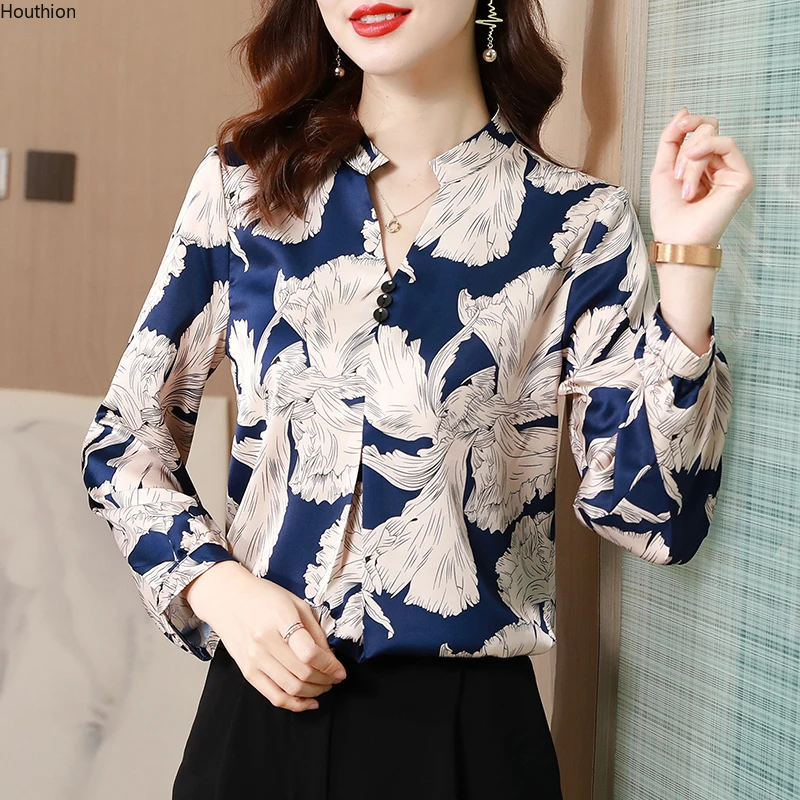 

Summer New Women's Blouses V-neck Shirt Long Sleeve Top Stitching Printed Chiffon Casual Fashion Lady Loose