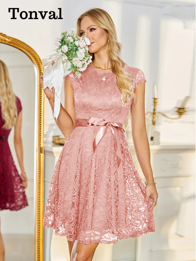 

Tonval Pink Solid Floral Lace Overlay Vintage Style Formal Dresses for Women 2023 O-Neck Cap Sleeve A-Line Elegant Dress