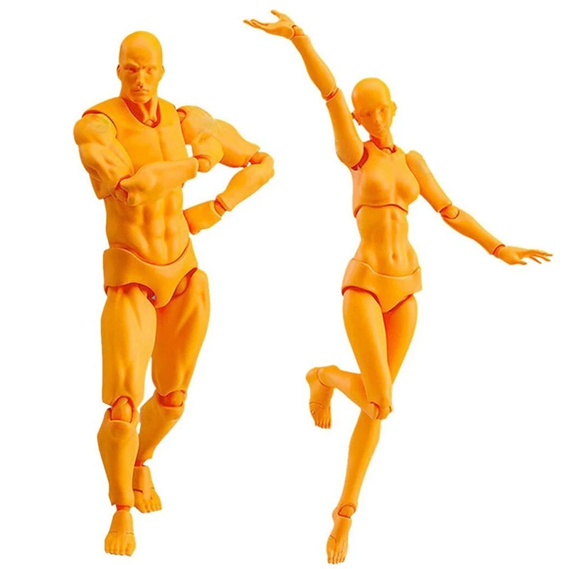 

2 Piece Body Kun Doll Artists Manikin Blockhead Jointed Mannequin Drawing Figures For Figure Model Male+Female Set (Orange)