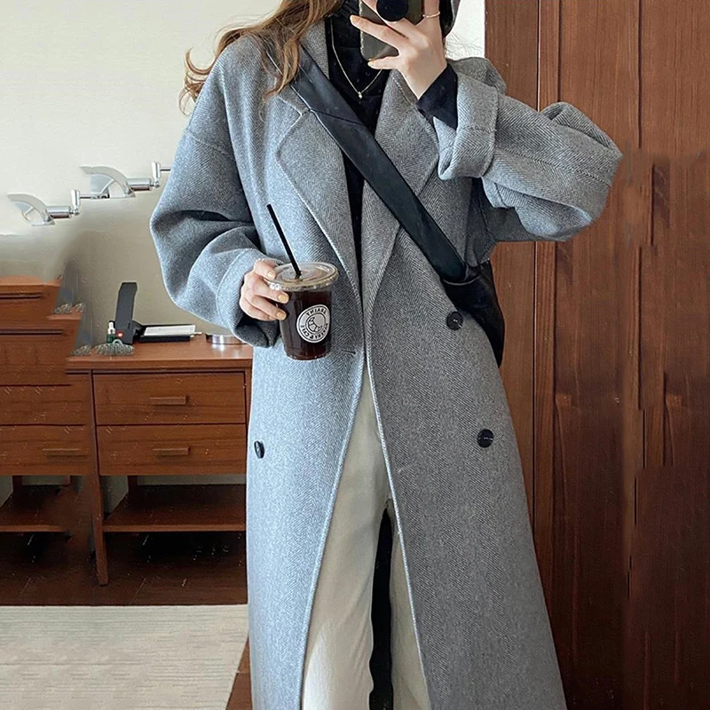 

New Autumn Winter Women's Long Woolen Jacket Casual Parka Overcoat Female Camel Woolen Outerwear Double Breasted Trench Coat XS