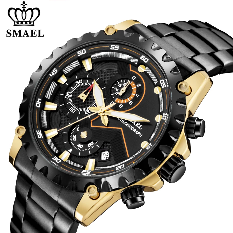 

SMAEL Top Brand Mens Watches Luxury Military Sport Quartz Watch for Men Stainless Steel Chronograph Waterproof Male Wrist Watch