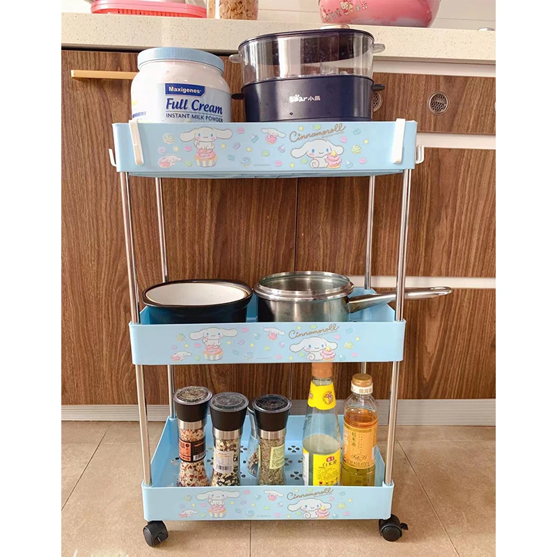 

Wheels Storage Rack Three-Tier Cartoon Wheeled Rack Rolling Kitchen Bathroom Organizer Anime Sanrioed Girl Heart Floor Trolley