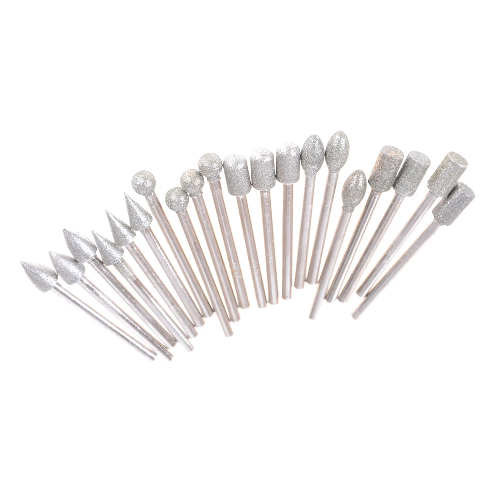 

20pcs/set 3mm Durable Shank Diamond Burr Bit Cut Engraving Carving Rotary Drill Bits Emery Grinding Head For Dremel Rotary Tools