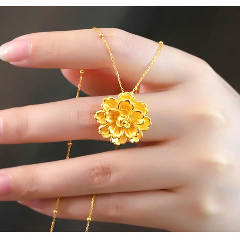

1pcs Real 24K Yellow Gold Pendant 3D Hard Gold Peony Big Flower For Women Gold Pendant with Thin Au750 Beaded O Chain 18inch