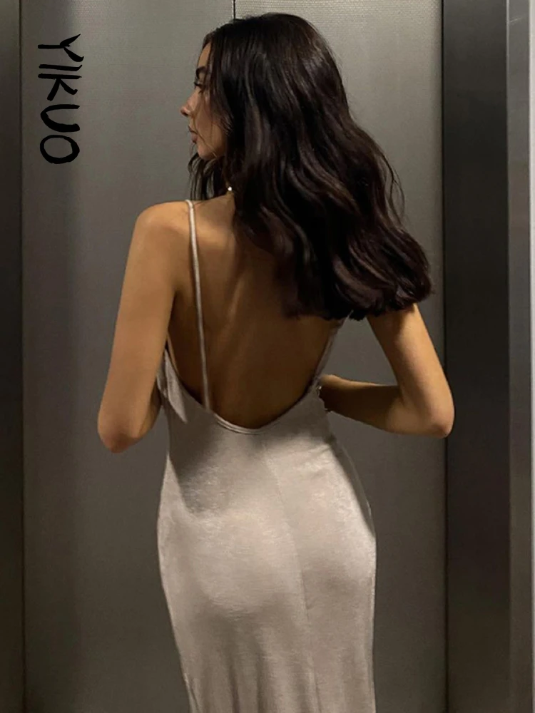 

Женское элегантное платье-макси YIKUO, пикантное вечернее длинное однотонное платье без рукавов с открытой спиной и разрезом сбоку, облегающе...