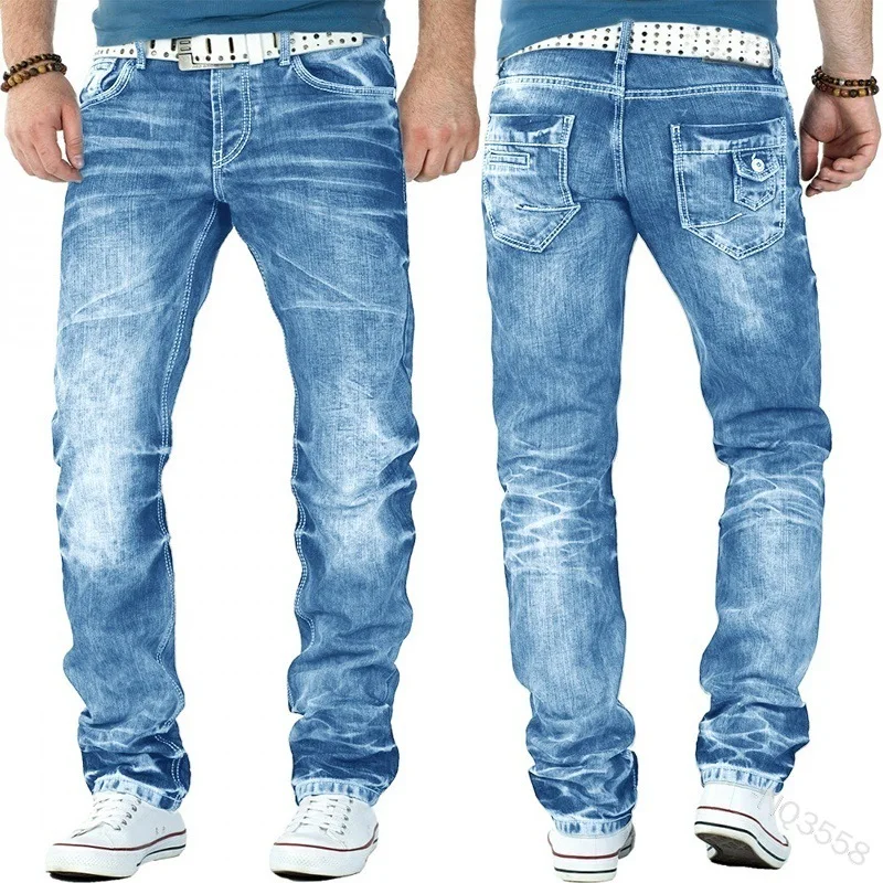 

Men Fashion Jeans Casual Large Size Bleached Ripped Mid Waist Loose Street Trend Straight Long Jeans