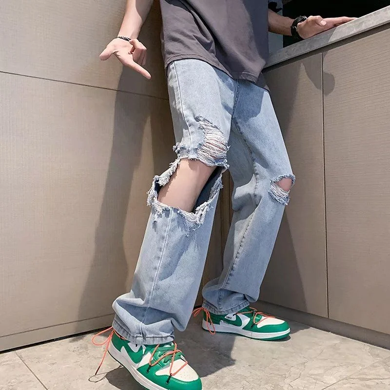 Summer Blue Ripped Jeans Men Fashion Casual Baggy Straight Jeans Men Streetwear Loose Hip Hop Hole Denim Pants Mens Trousers