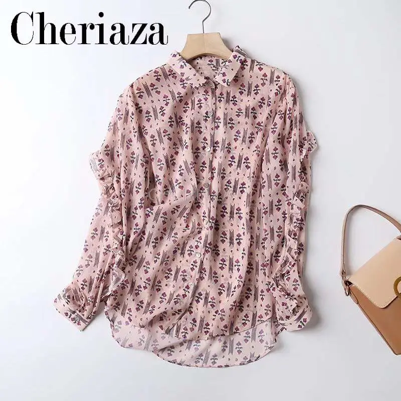 

CHeriaza Retro Blouse Shirt Women's Autumn Print Long Sleeve New Thin Design Batshirt Loose Texture Shirt Top