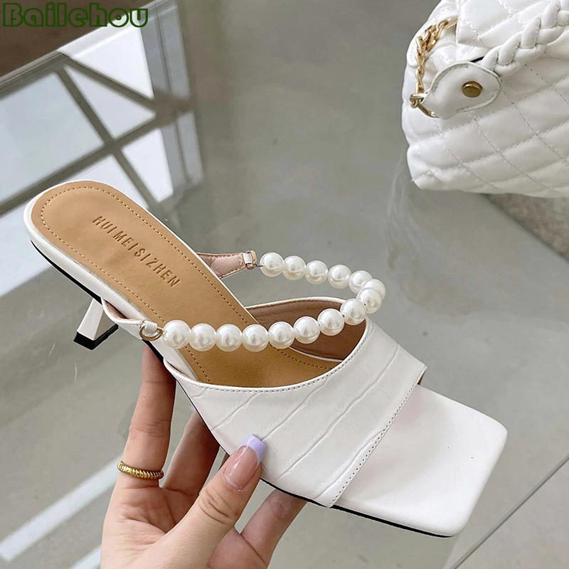 

Woman Pumps Fashion Ladies Slides Summer Shoes For Women Sandals 2022 New Square Toe Thin High Heels Pearl Heeled Female Shoes