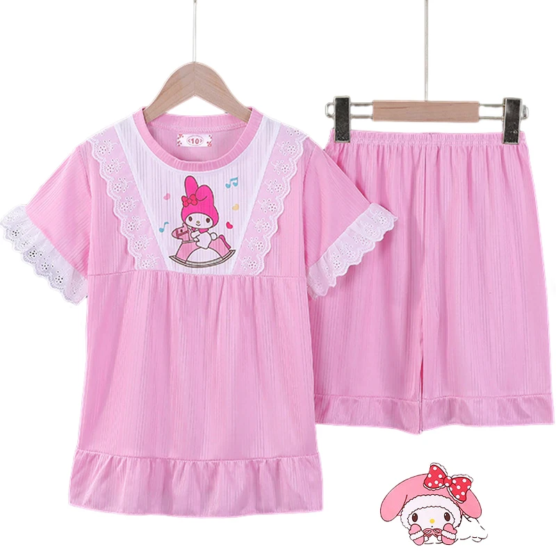 

Sanrio Kawaii Hello Kitty Pajamas Kuromi Cinnamoroll Girls Cartoon Cute Summer Casual Loose Anime Home Cloths Set Gift for Kids