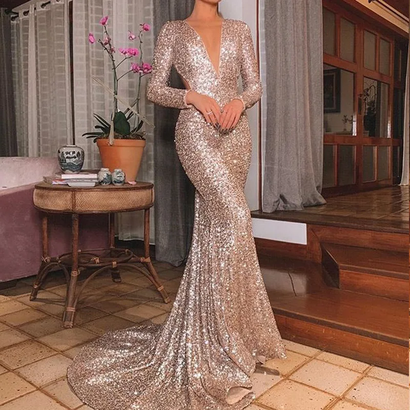 New Style Arrival Dress Women Ladies Dress Women's Sexy V-neck Open Back Sequin Long Dress Wedding Party Dress Celebrity Host