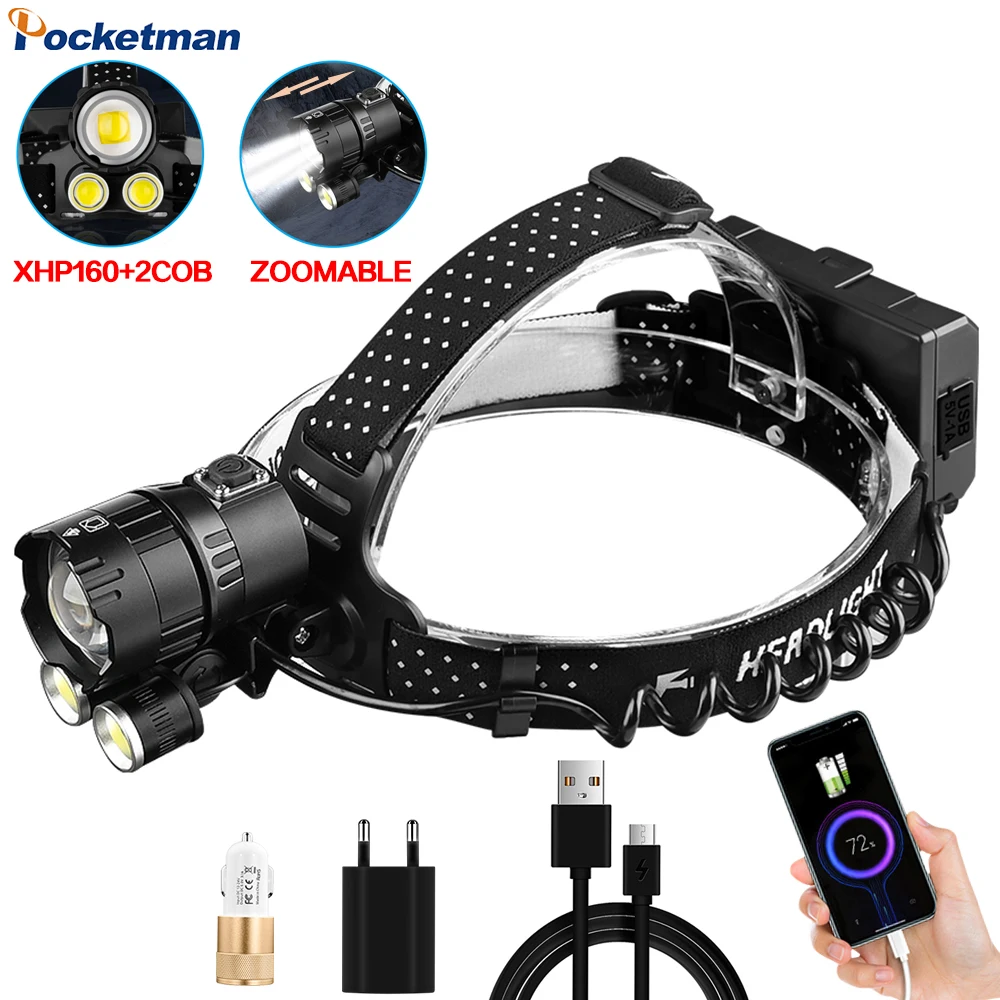 

Newest XHP199 16-Core Powerful Headlamp LED USB Flashlight Headlight Lantern Rechargeable Zoom Torch Light Fishing Head Lamp