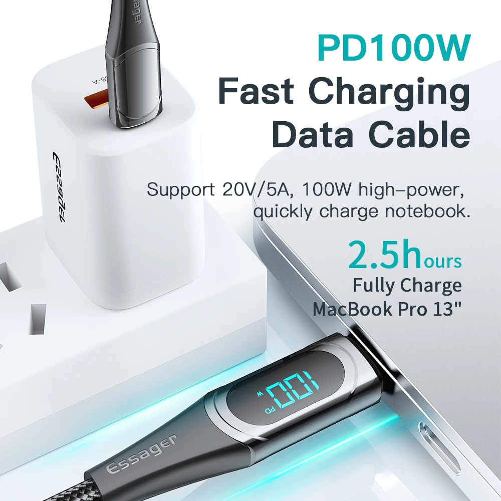 Фото Кабель Essager Pd 100 Вт с Usb C на Usb C, быстрое зарядное устройство, цифровой шнур для передачи данных для Samsung, Xiami, Huawei, MacBook, iPad, кабель Type C №3