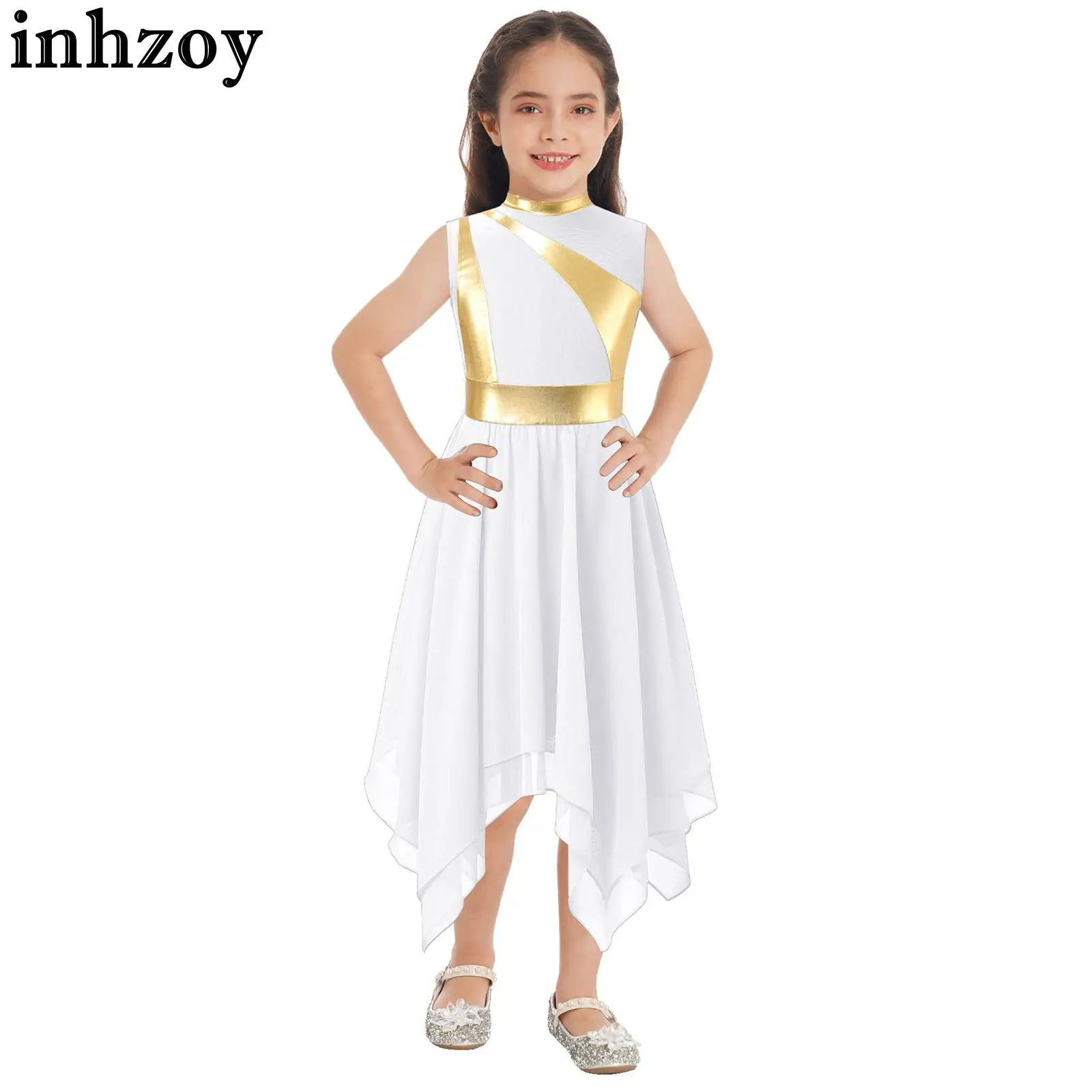 

Kids Girls Praise Dancing Dress Metallic Color Block Sleeveless Bodycon Dress Lyrical Dancewear Liturgical Worship Costume