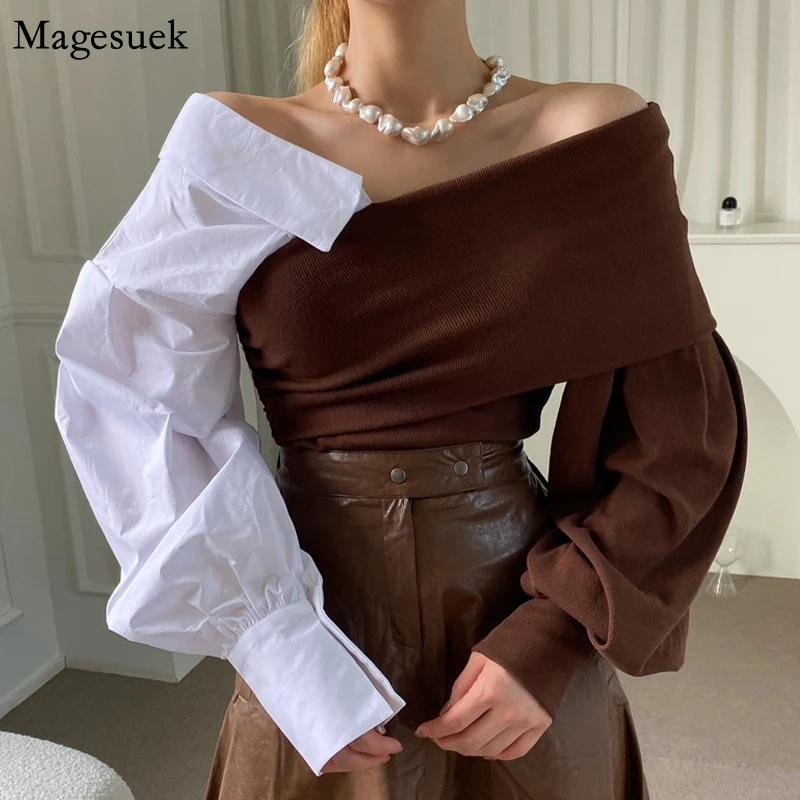 

Женская трикотажная блузка с открытыми плечами, привлекательная рубашка с воротником-лодочкой, красивая Повседневная Блузка в офисном сти...