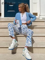 cjfhje 2022 high waist y2k print pockets zip up botton cargo pants stripes summer women fashion streetwear lounge wear