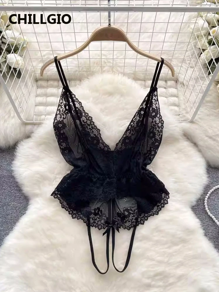 

CHILLGIO Women One Piece Sexy Lace Strappy Bodysuits Ins Erotic Combination Rompers Casual Fashion Floral Tranparent Catsuits