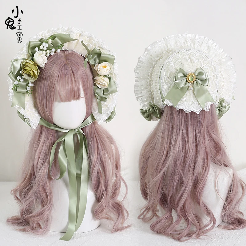 

The bell orchids Lolita Hairpin Rural Mori Girl Pastoral Flat Hat Elegant Classic Lace Top Hat Gorgeous Bonnet Bowknot flat cap