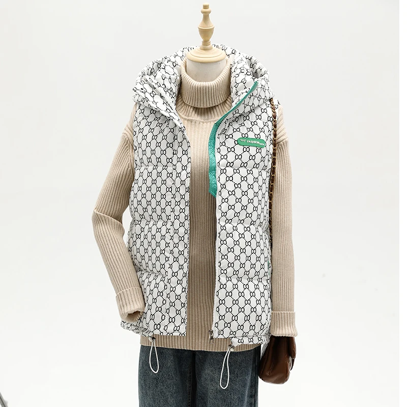 damska kamizelka z nadrukiem jesienno-zimowa bez rękawów Casual gruba ciepła kurtka kapturem