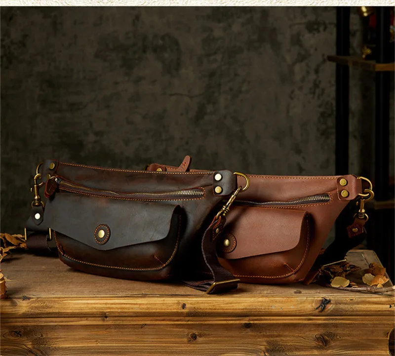 Retro fashion crazy horse cowhide men handmade design saddle bag outdoor leisure mobile phone with wide shoulder strap chest bag