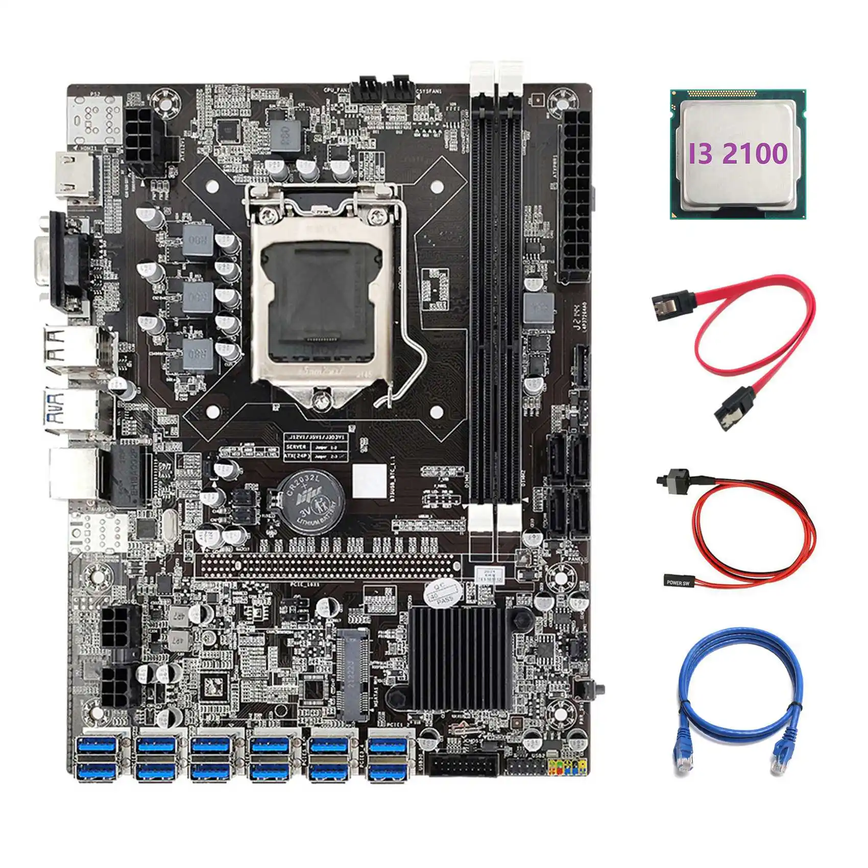 

B75 ETH Miner Motherboard 12 PCIE to USB3.0+I3 2100 CPU+RJ45 Network Cable+SATA Cable+Switch Cable LGA1155 Motherboard