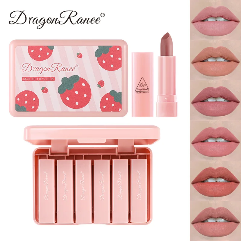 

Cute Strawberry 6pcs Lipstick Set Matte Pink Mini Lasting Nude Lipstick Lip Glaze Makeup Non-Stick Cup Lip Tint Cosmetics Gift