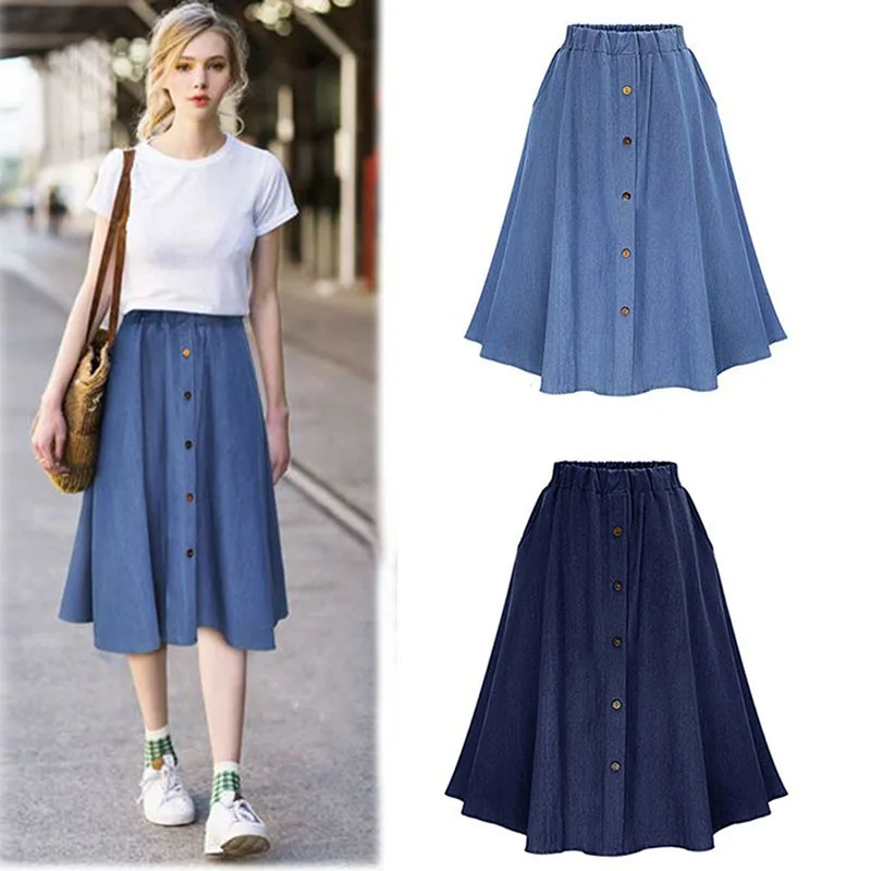 

Fashion Korean College Style Denim Women Solid Color Midi Skirt Nature Waist Female Big Hem Casual Button Jean Skirts
