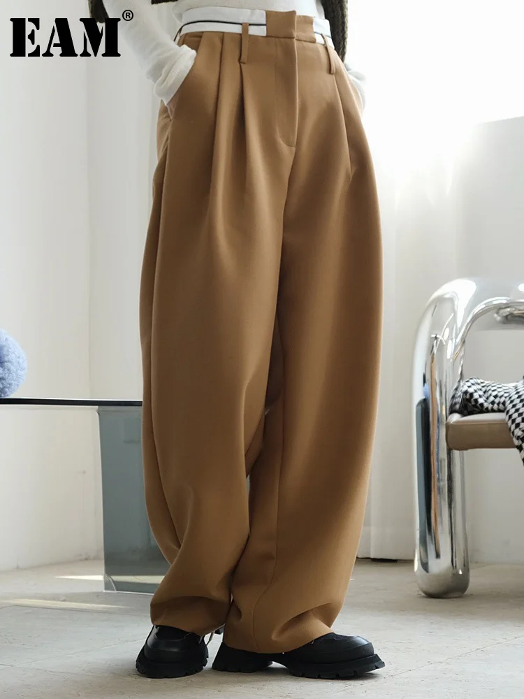 

[EAM] High Waist Khaki Pleated Casual Wide Leg Pants New Loose Fit Trousers Women Fashion Tide Spring Autumn 2023 1DF4437