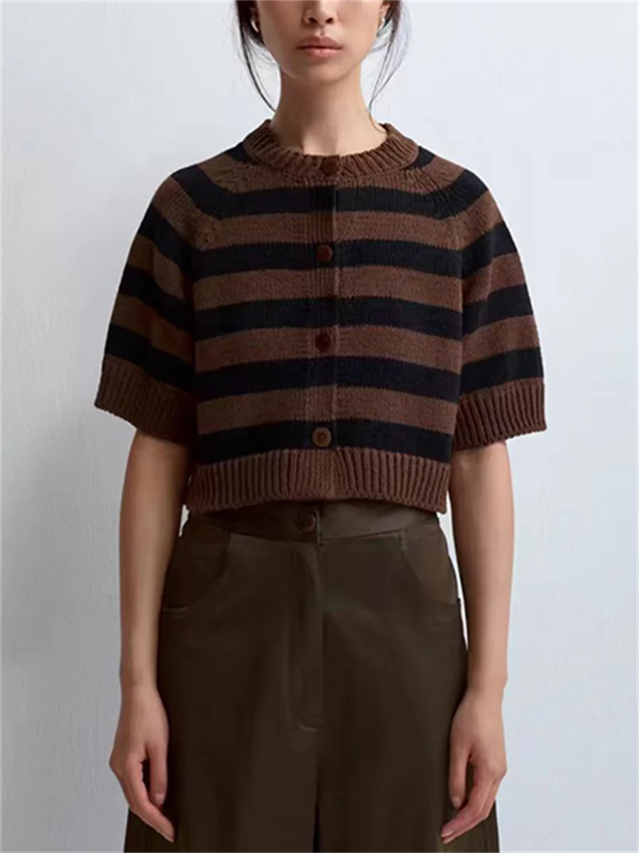 Женский винтажный трикотажный кардиган в полоску модный однобортный свитер с