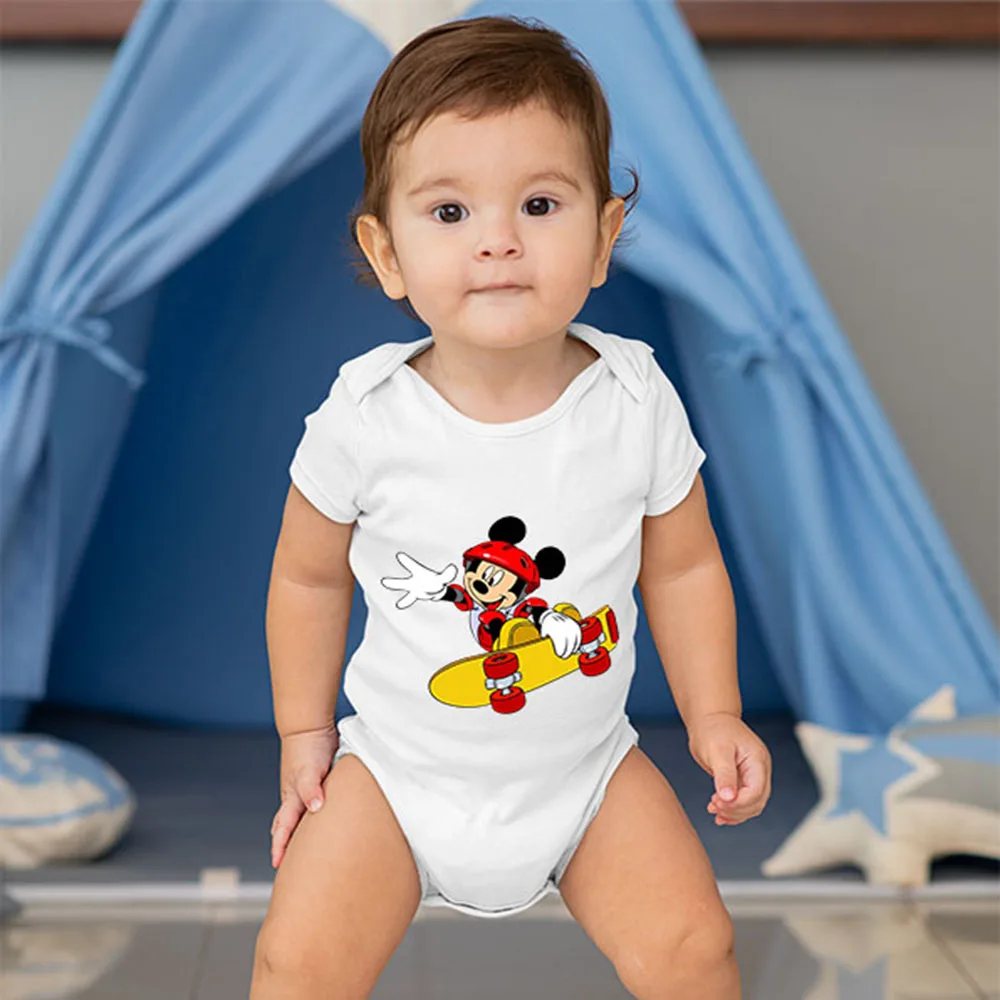 

Newborn Baby Clothes Disney Fashion Print Mickey Mouse Skateboard Pattern White Girls Onesie Summer Round Neck Short Sleeves
