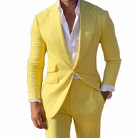 Yellow Linen Beach Men Suits Slim Fit 2 Piece Wedding Groom Tuxedo with Peaked Lapel Male Fashion Costume Blazer with Pants